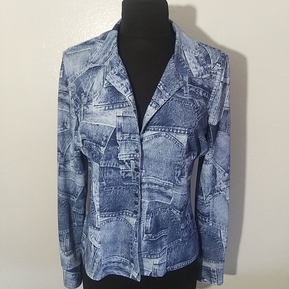 Corey B Blue Denim Jeans Print Button Down Long Sleeves Blouse Size L